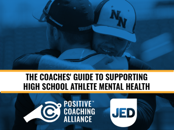 Two baseball players hugging, with positive coaching alliance and Jed Foundation