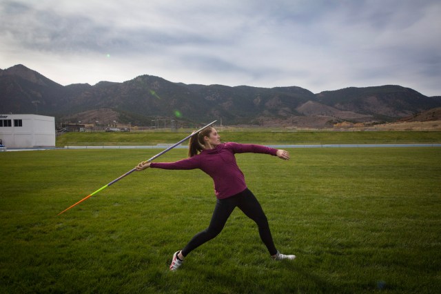 Olympian Kara Winger throws a javelin