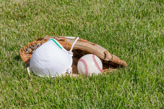 Baseball glove, ball and N95 respirator mask